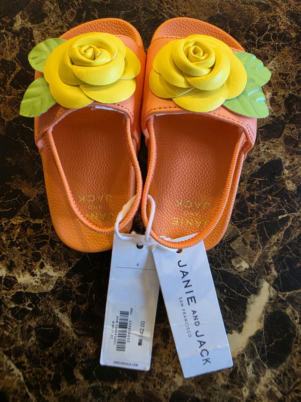 🔥 NWT Janie and Jack Orange Slide Sandals with Yellow Rose Accent (Size: 6)